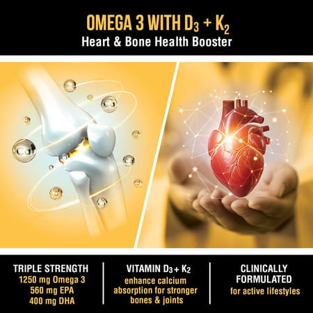 Bon Omega 3 Fish Oil 1250Mg | Vitamin D3 & K2 3X Triple Strength 560Mg Epa & 400Mg Dha - 60 Softgels