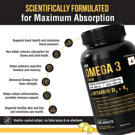 Bon Omega 3 Fish Oil 1250Mg | Vitamin D3 & K2 3X Triple Strength 560Mg Epa & 400Mg Dha - 60 Softgels