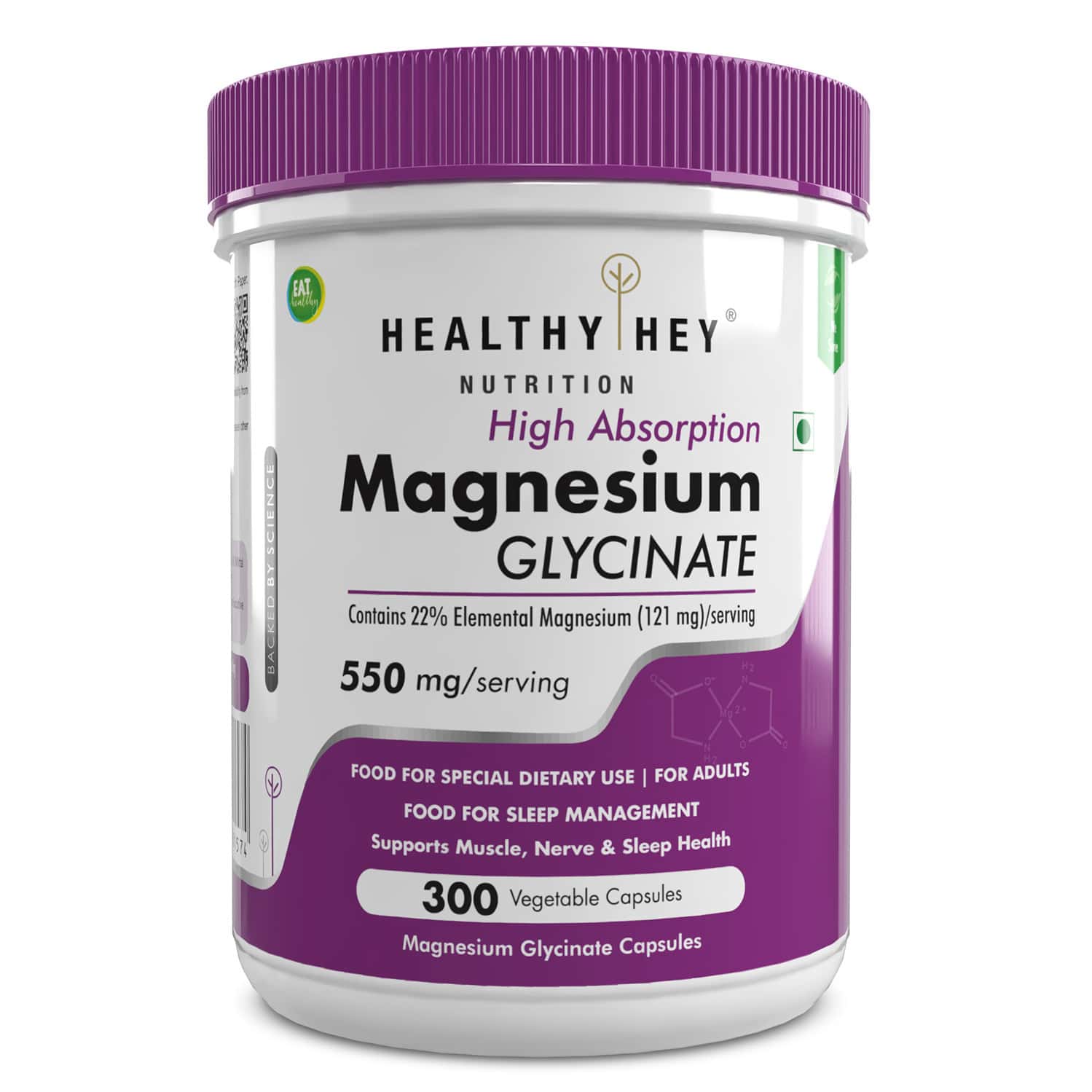 Healthyhey Nutrition High Absorption Magnesium Glycinate - 300 Veg Capsules