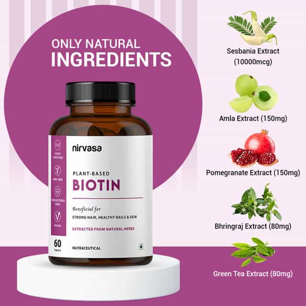 Nirvasa Plant Based Biotin Tablets With Sesbania, Amla & More | For Hair, Nails & Skin (60 Tablets)