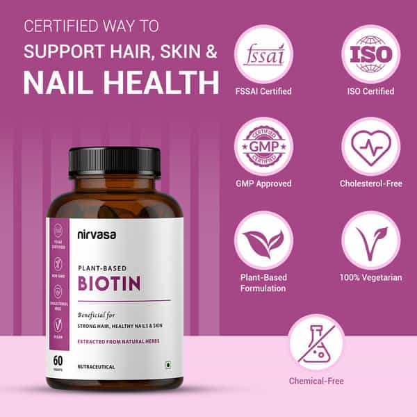 Nirvasa Plant Based Biotin Tablets With Sesbania, Amla & More | For Hair, Nails & Skin (60 Tablets)