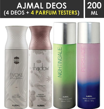 Ajmal 1 Evoke Silver Edition,Shadow Homme, Nightingale & Persuade For Unisex Deodorants Each 200Ml