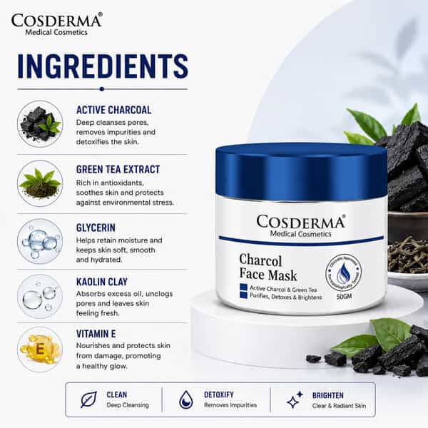 Cosderma Charcoal Face Mask | Activated Charcoal | Green Tea & Zinc Oxide For Purifying Skin 50Gm