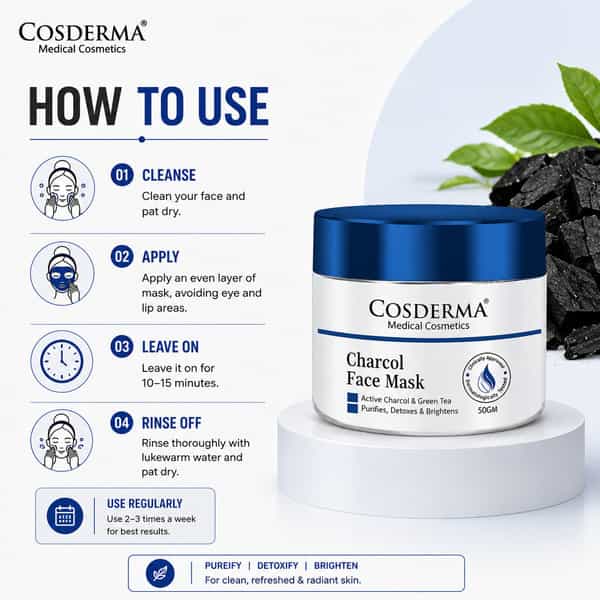 Cosderma Charcoal Face Mask | Activated Charcoal | Green Tea & Zinc Oxide For Purifying Skin 50Gm