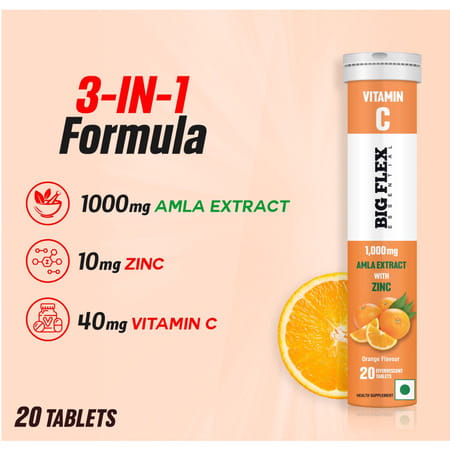 Bigflex Vitamin-C 1000mg Natural Amla Extract + 10mg Zinc|Pack Of 3 (60 Fizzy) Tablets|Orange