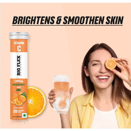 Bigflex Vitamin-C 1000mg Natural Amla Extract + 10mg Zinc|Pack Of 3 (60 Fizzy) Tablets|Orange