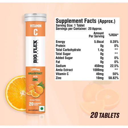 Bigflex Vitamin-C 1000mg Natural Amla Extract + 10mg Zinc|Pack Of 3 (60 Fizzy) Tablets|Orange