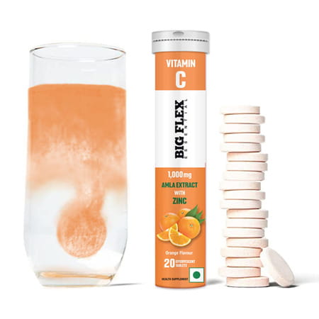Bigflex Vitamin-C 1000mg Natural Amla Extract + 10mg Zinc|Pack Of 3 (60 Fizzy) Tablets|Orange