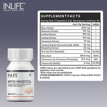 Inlife Myo Inositol Supplement | Shatavari Zinc Folic Acid Chromium Vit-D | Women - 60 Veg Capsules