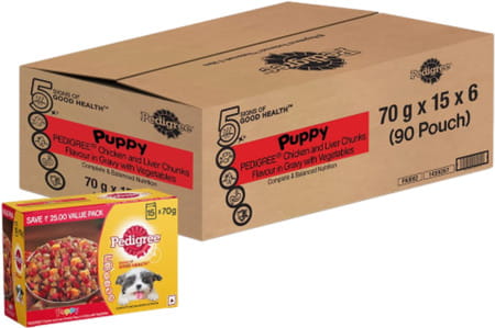 Pedigree Puppy Wet Dog Food | Chicken And Liver Chunks Flavour In Gravy With Vegetables | 90 X 70 G