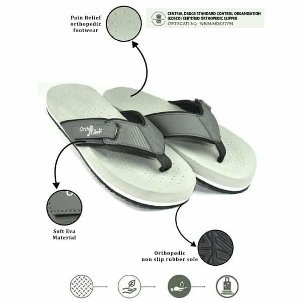 Ortho Cheer Men's Orthopedic And Diabetic Friendly Slipper With Velcro Strap | Grey | Size 8 -1 Pair