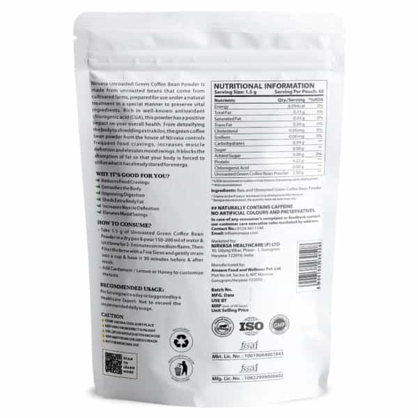 Nirvasa Unroasted Arabica Green Coffee Bean Powder With Chlorogenic Acid (100 G)