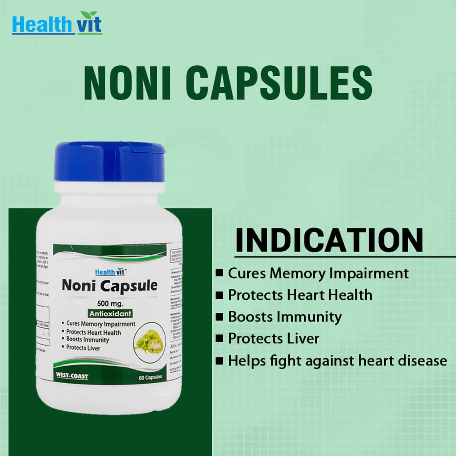 Buy HEALTHVIT NONI EXTRACT 500 MG ANTIOXIDANT 60 CAPSULES Online