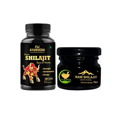 Fij Ayurveda Power Shilajit Extract 60 Capsule With Raw Shilajit/Shilajeet Resin - 20gm (Combo Pack)