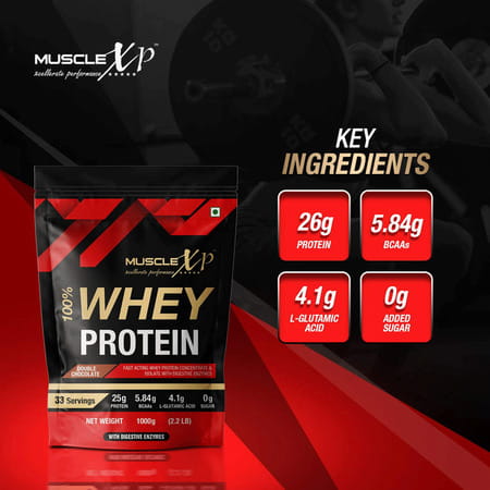 Musclexp 100% Whey Protein With Digestive Enzyme - 1kg Pouch Double Chocolate