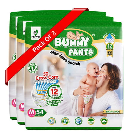 Bummy Pants Baby Diaper M | Ultra Dry Comfort | 360 Protection | 12hr Absorption - (3 X 54pcs)