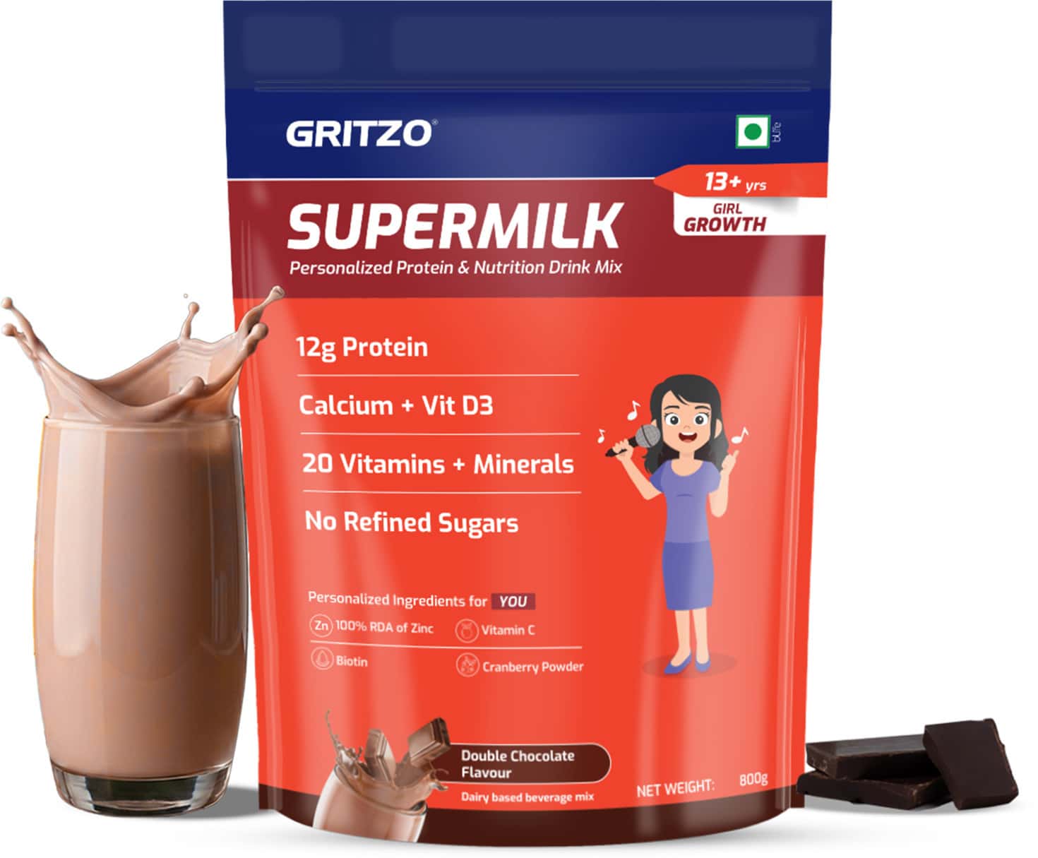 Gritzo Supermilk Growth (13+Y Girls) | 12g Protein Powder (Double Chocolate | 800g)