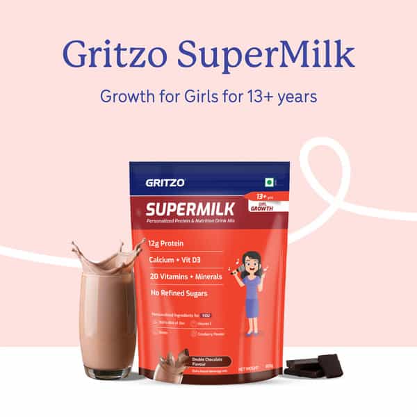 Gritzo Supermilk Growth (13+Y Girls) | 12G Protein Powder (Double Chocolate | 800G)