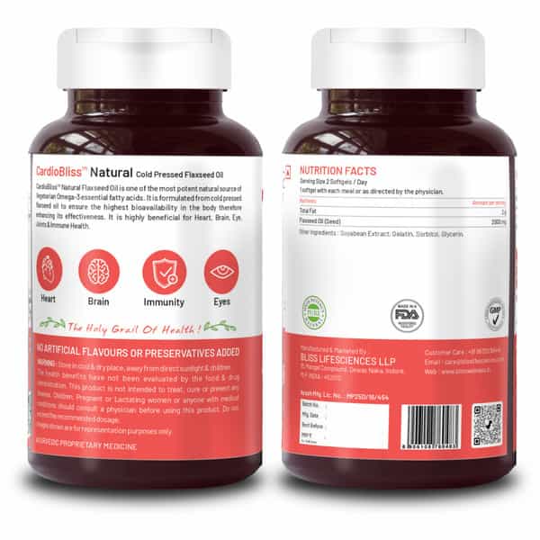 Bliss Welness Organic Flaxseed Oil Omega 3 6 9 Heart Brain Health - 60 Softgel Capsules(Pack Of 2)