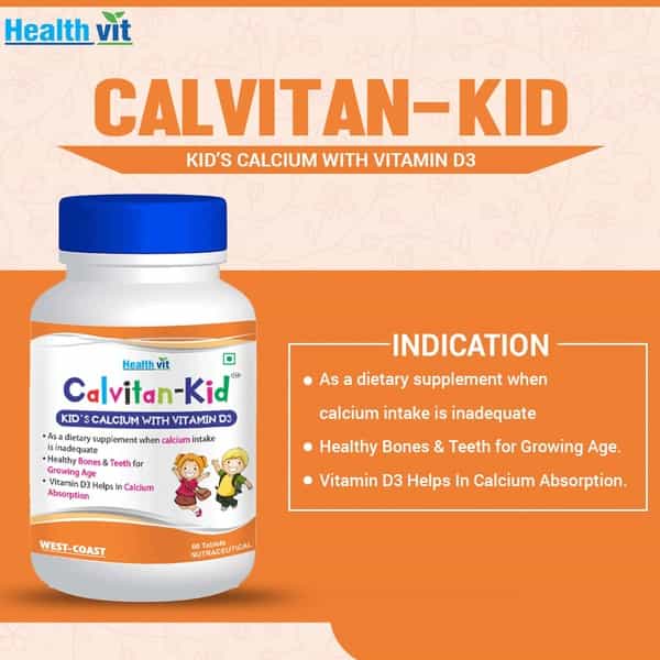 Healthvit Calvitan-Kid Kids Calcium With Vitamin D For Strong Bone Health|Healthy Growth 60 Tablets