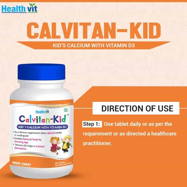 Healthvit Calvitan-Kid Kids Calcium With Vitamin D For Strong Bone Health|Healthy Growth 60 Tablets