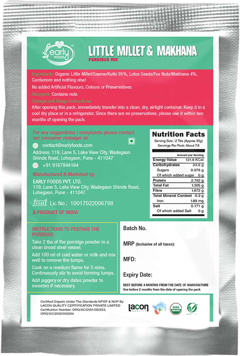 Buy EARLY FOODS 6 TRIAL PACKS ORGANIC MILLET PORRIDGE MIXES COMBO