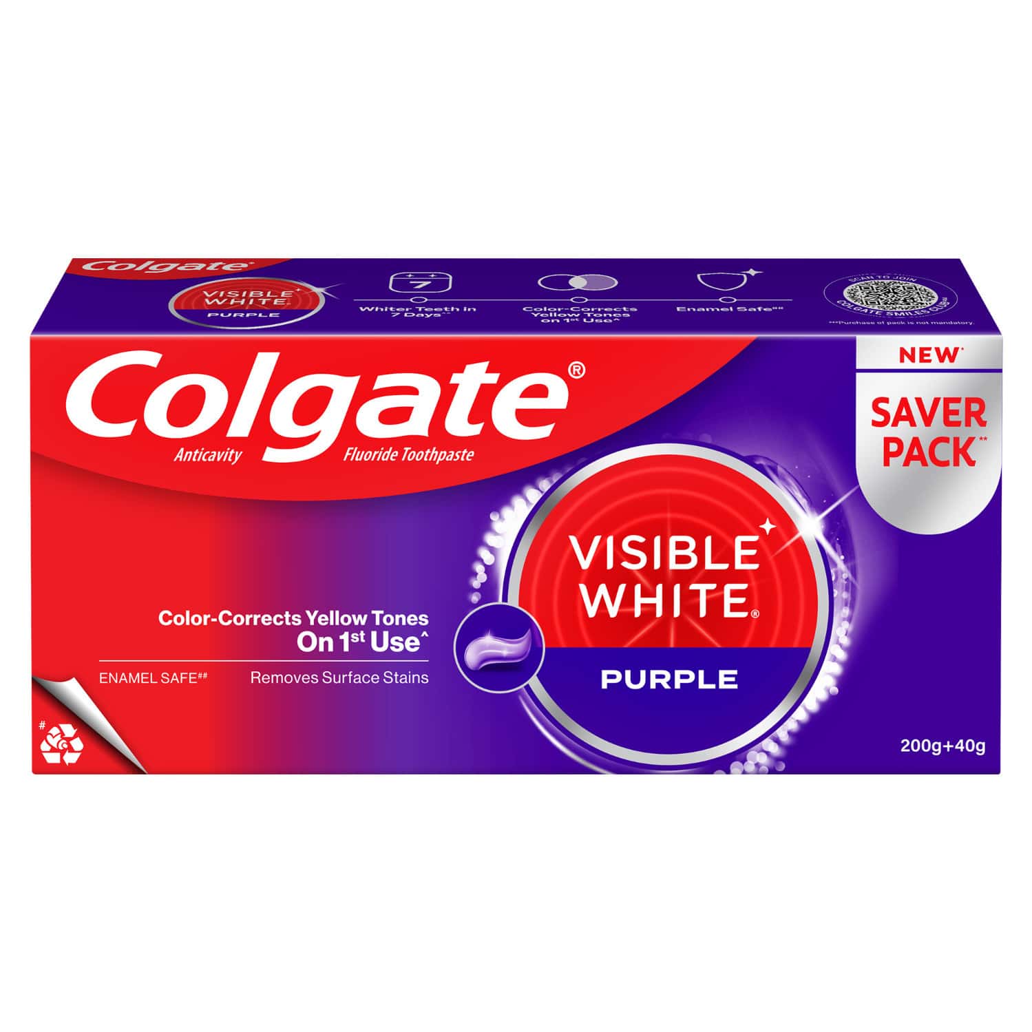 Colgate Visible White Purple Toothpaste (200g + 40g) 240 Gm