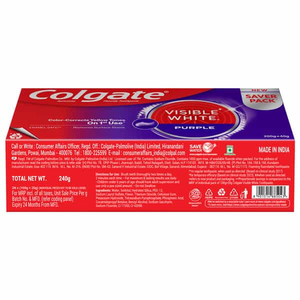 Colgate Visible White Purple Toothpaste (200G + 40G) 240 Gm