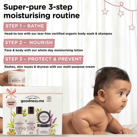 Goodnessme Certified Organic Baby Moisturizing Gift Pack (Body Wash+Lotion+Diaper Rash Cream) White
