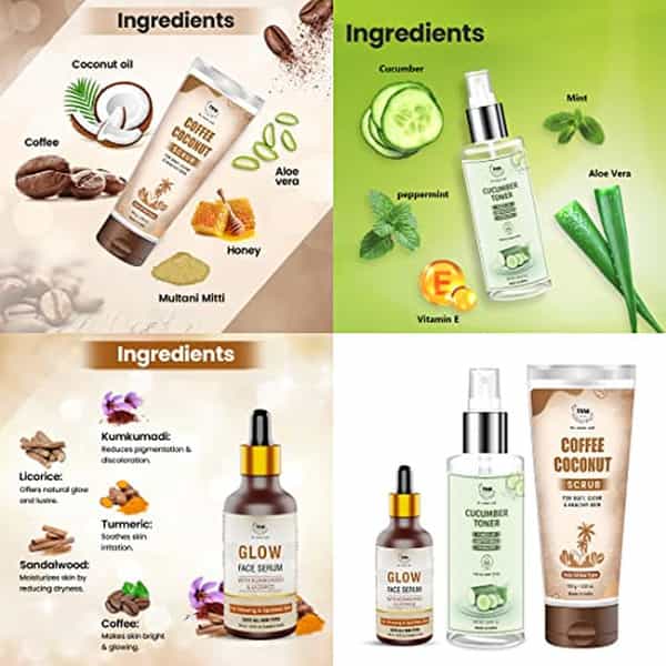 Tnw The Natural Wash Skincare Combo With Glow Face Serum | Cucumber Toner & Coffee Coconut Scrub