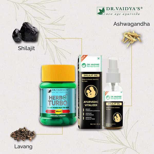 Dr. Vaidya's Ayurvedic Wellness Pack Herbo24turbo (30 Capsules X 1) | Shilajit Oil (25 Ml X 1)