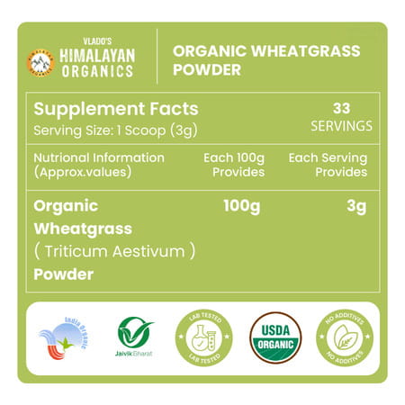 Vlado'S Himalayan Organics 100% Natural Organic Wheatgrass Powder | Usda Certified - 100g
