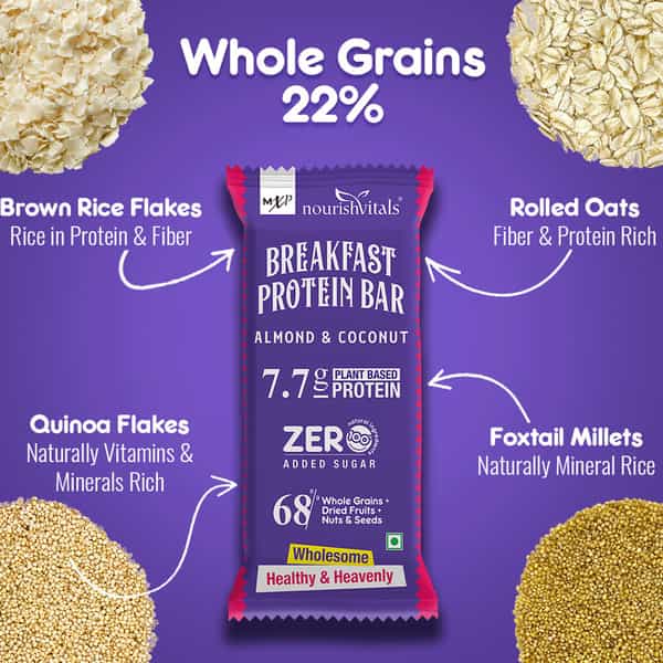 Nourishvitals Breakfast Protein Bar Almond & Cocount No Added Sugar Or Artificial Flavors 275G