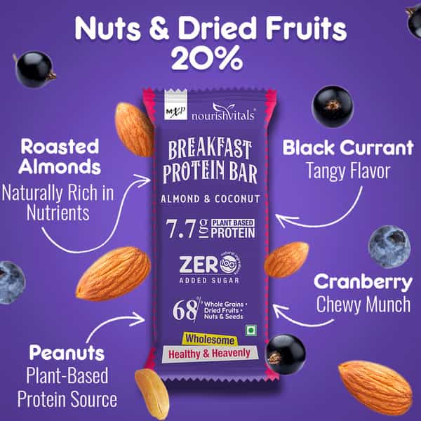 Nourishvitals Breakfast Protein Bar Almond & Cocount No Added Sugar Or Artificial Flavors 275G