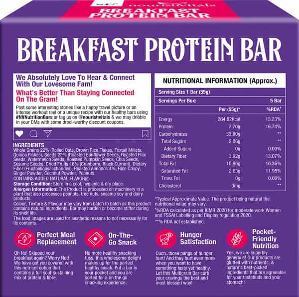 Nourishvitals Breakfast Protein Bar Almond & Cocount No Added Sugar Or Artificial Flavors 275G