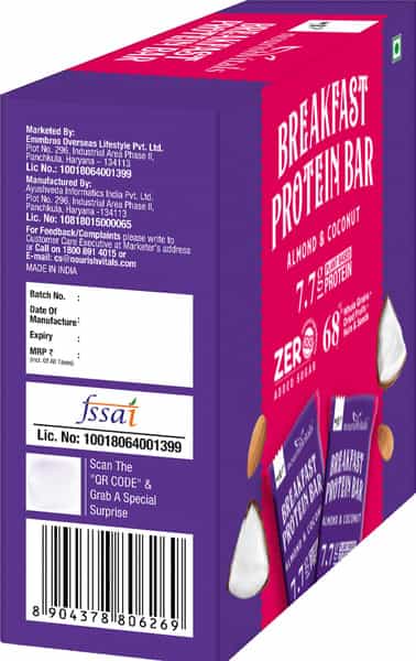 Nourishvitals Breakfast Protein Bar Almond & Cocount No Added Sugar Or Artificial Flavors 275G