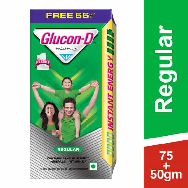 Glucon-D Regular With 3 Benefits Of Energy | Recovery | And Immunity | 75 G ( Get Extra 50 G Free)