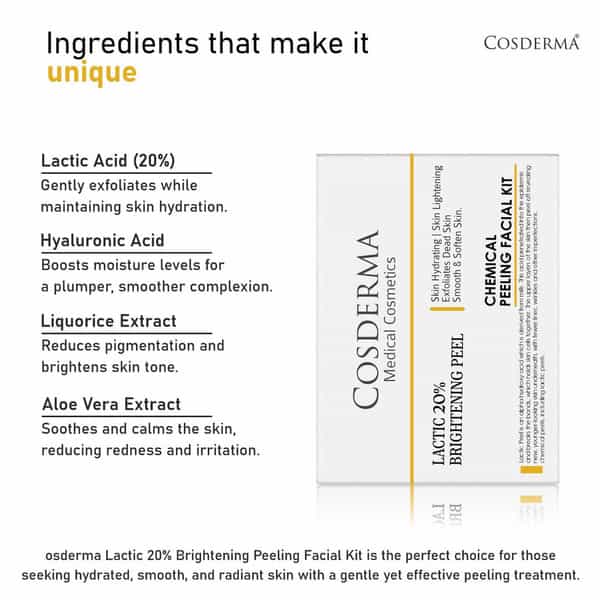 Cosderma Lactic Acid 20% Peel Kit For Professional Skin Hydration & Gentle Exfoliation Care