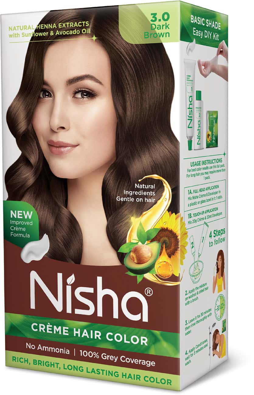 Nisha Creme Hair Color 3.0 Dark Brown (60gm+60ml+18ml) Ammonia Free Permanent Hair Colour