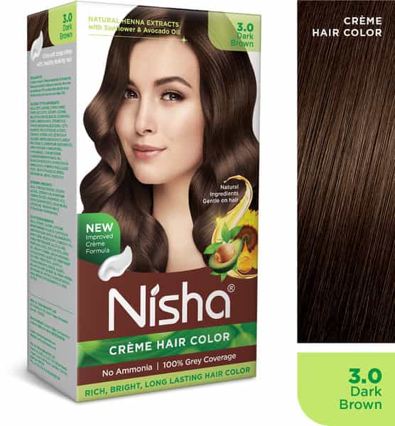 Nisha Creme Hair Color 3.0 Dark Brown (60Gm+60Ml+18Ml) Ammonia Free Permanent Hair Colour