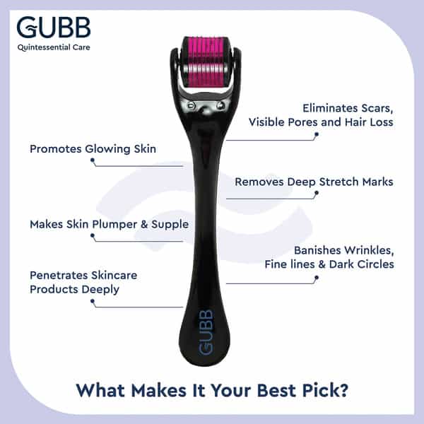 Gubb Derma Roller 0.5Mm For Hair Regrowth Face Acne Scars & Skin Aging 540 Micro Needles - Pink