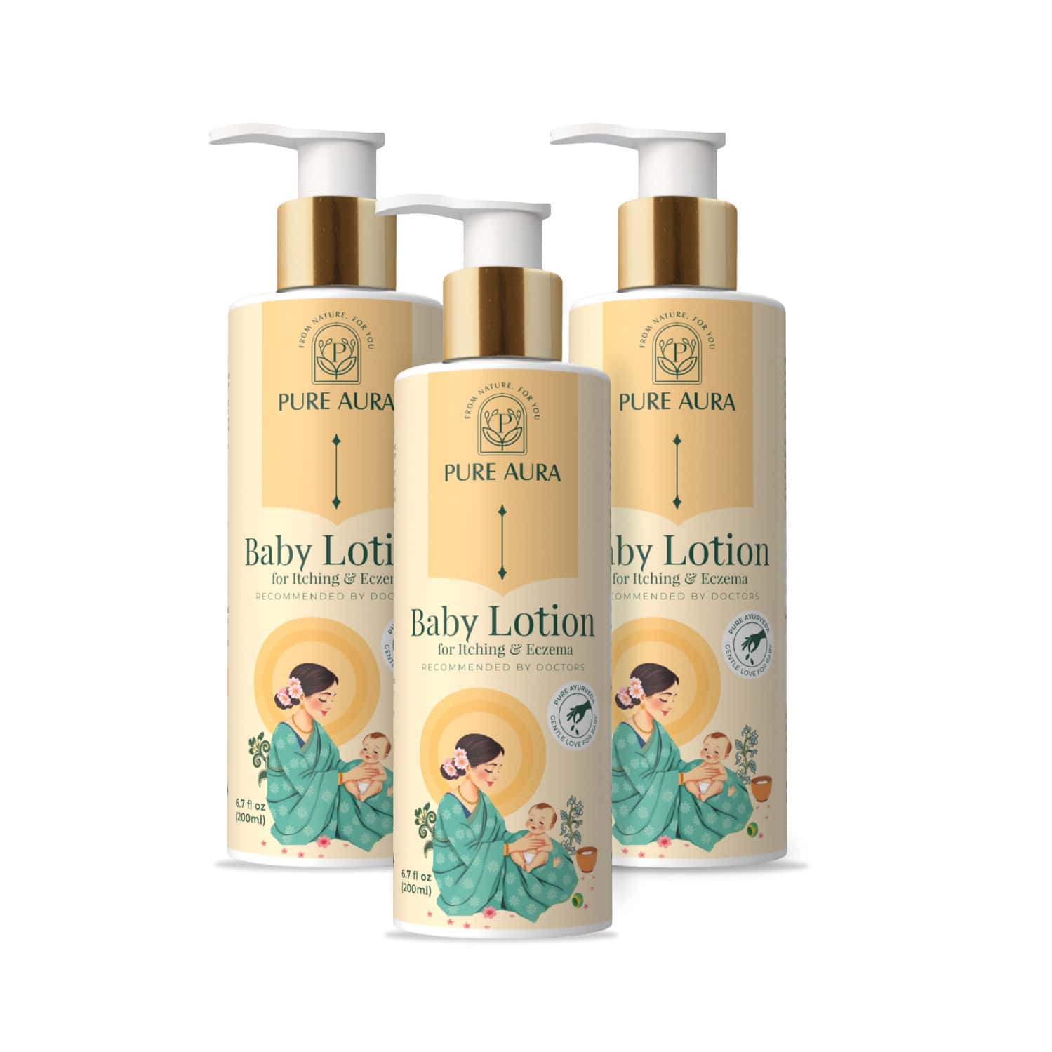 Pure Aura Baby Lotion For Itching & Eczema Relief | Ayurvedic & Chemical-Free 200ml Pack Of 3