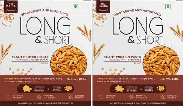Long & Short Healthy Penne Pasta - Plant Protein Chickpeas Pasta No Maida - Pack Of 2 (250Gx2)