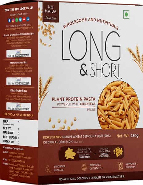 Long & Short Healthy Penne Pasta - Plant Protein Chickpeas Pasta No Maida - Pack Of 2 (250Gx2)