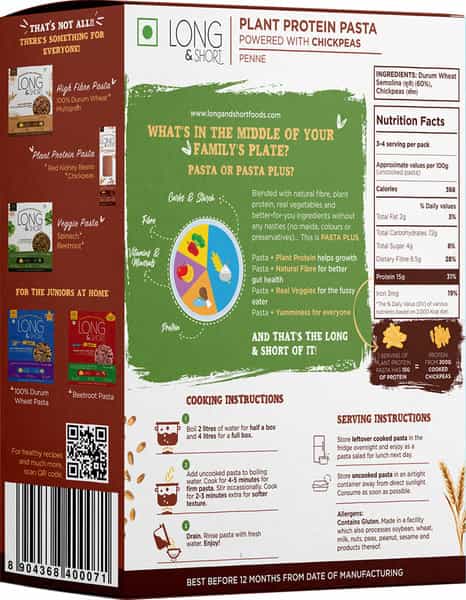 Long & Short Healthy Penne Pasta - Plant Protein Chickpeas Pasta No Maida - Pack Of 2 (250Gx2)