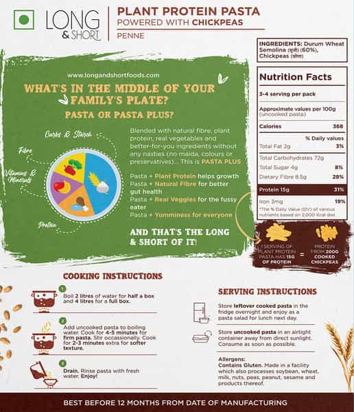Long & Short Healthy Penne Pasta - Plant Protein Chickpeas Pasta No Maida - Pack Of 2 (250Gx2)