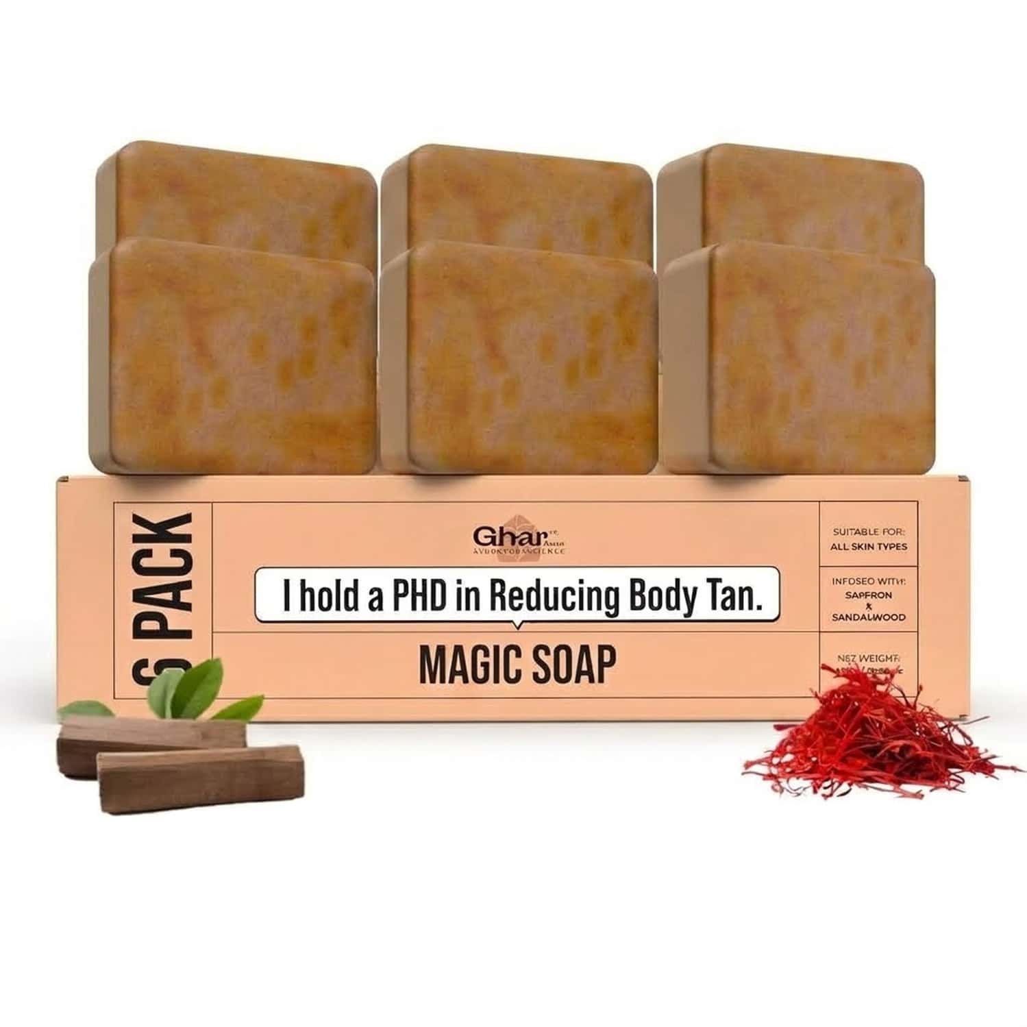 Ghar Soaps Sandalwood & Saffron Magic Soaps For Bath | Paraben Free | Chandan & Kesar - (100x6 Gms)