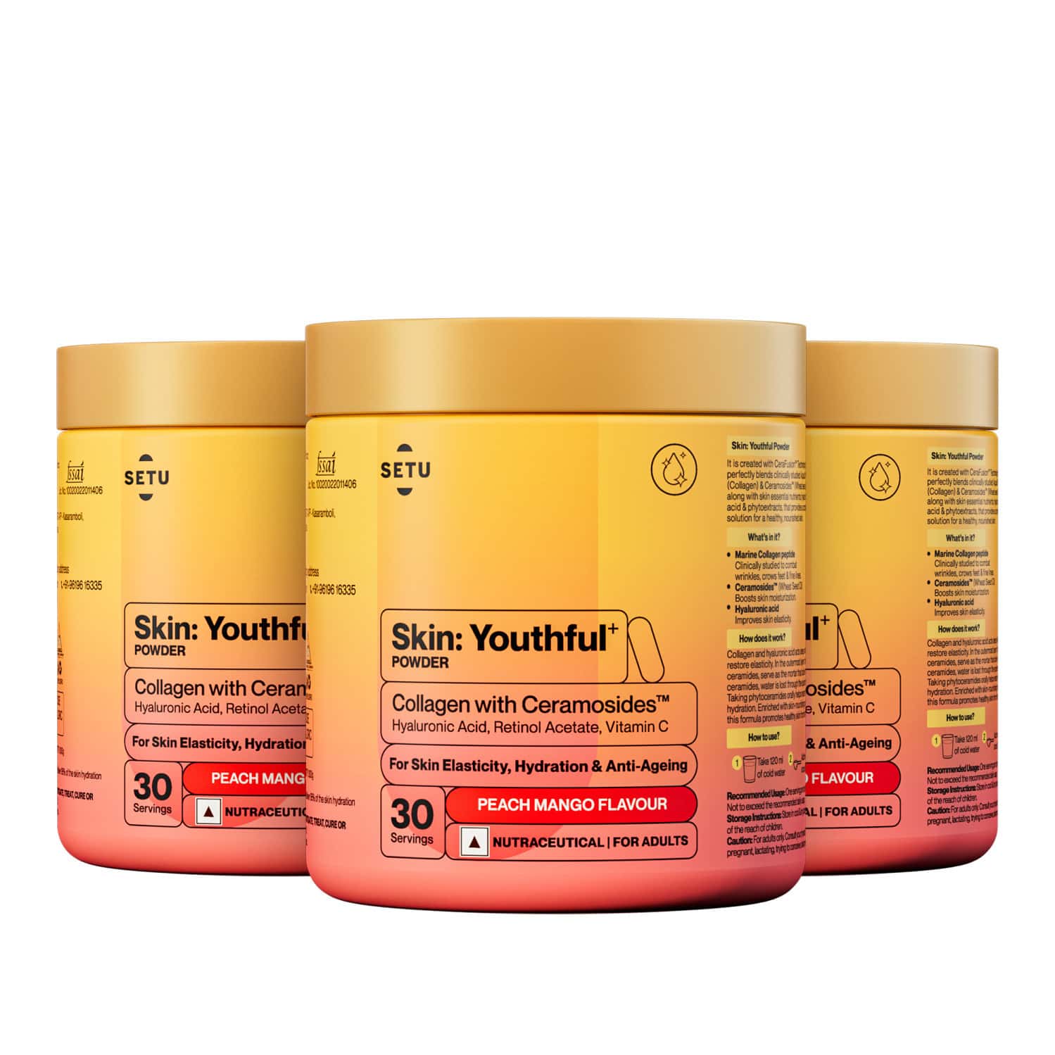 Setu Skin Youthful Marine Collagen Powder Supplements 210 G | Peach Mango Flavour (pack Of 3)