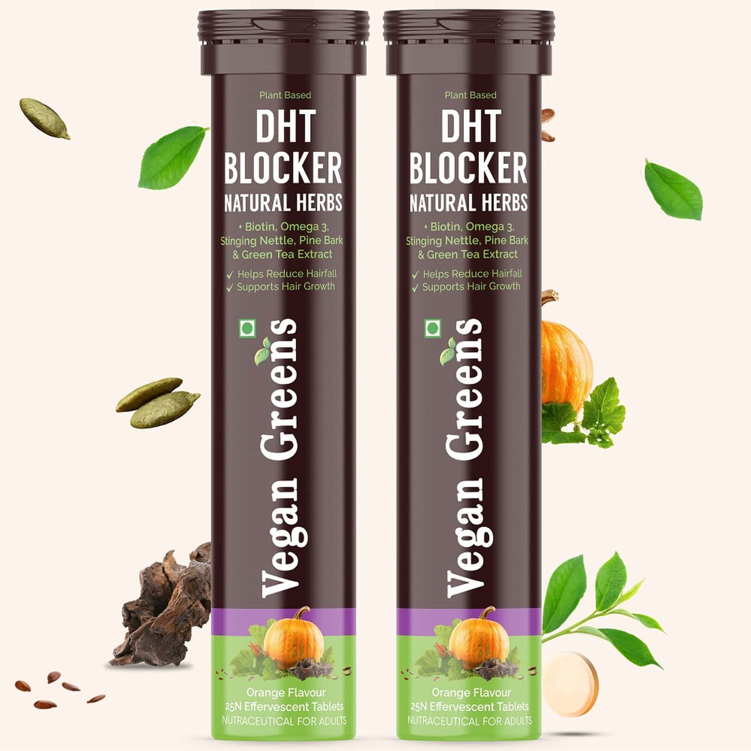 Vegan Greens Plant Based Dht Blocker With Biotin, Omega 3, Stinging Nettle & More. 50 Effer., Orange