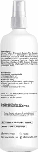 Petvit Plant Based Natural Waterless Spray Shampoo + Wheat Protein For All Breed Dog & Cat - 200Ml